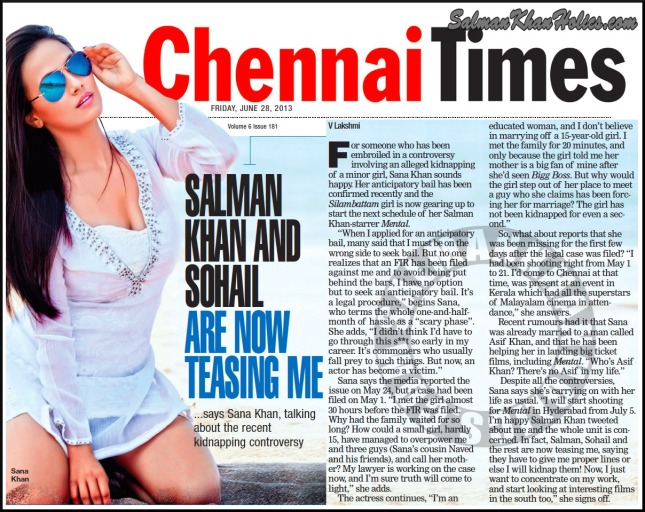 ★ Salman Khan and Sohail are now teasing me …says Sana Khan, talking about the recent kidnapping controversy !